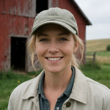 Kayla, a 26-year-old Illinois woman standing in front of a red barn on a rolling farm