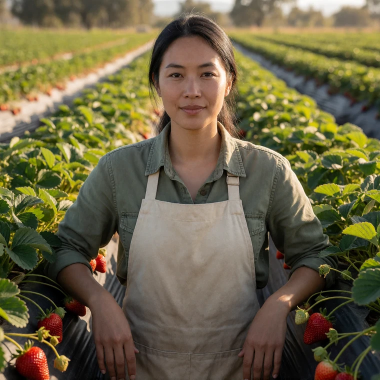 Asian-American woman farmer standing in a California strawberry field for Asian farmers dating