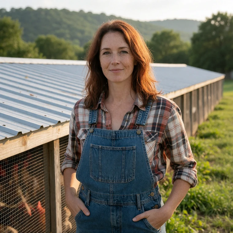 An Arkansas woman farmer in her 40s wearing overalls smiling beside a poultry house on her farm
