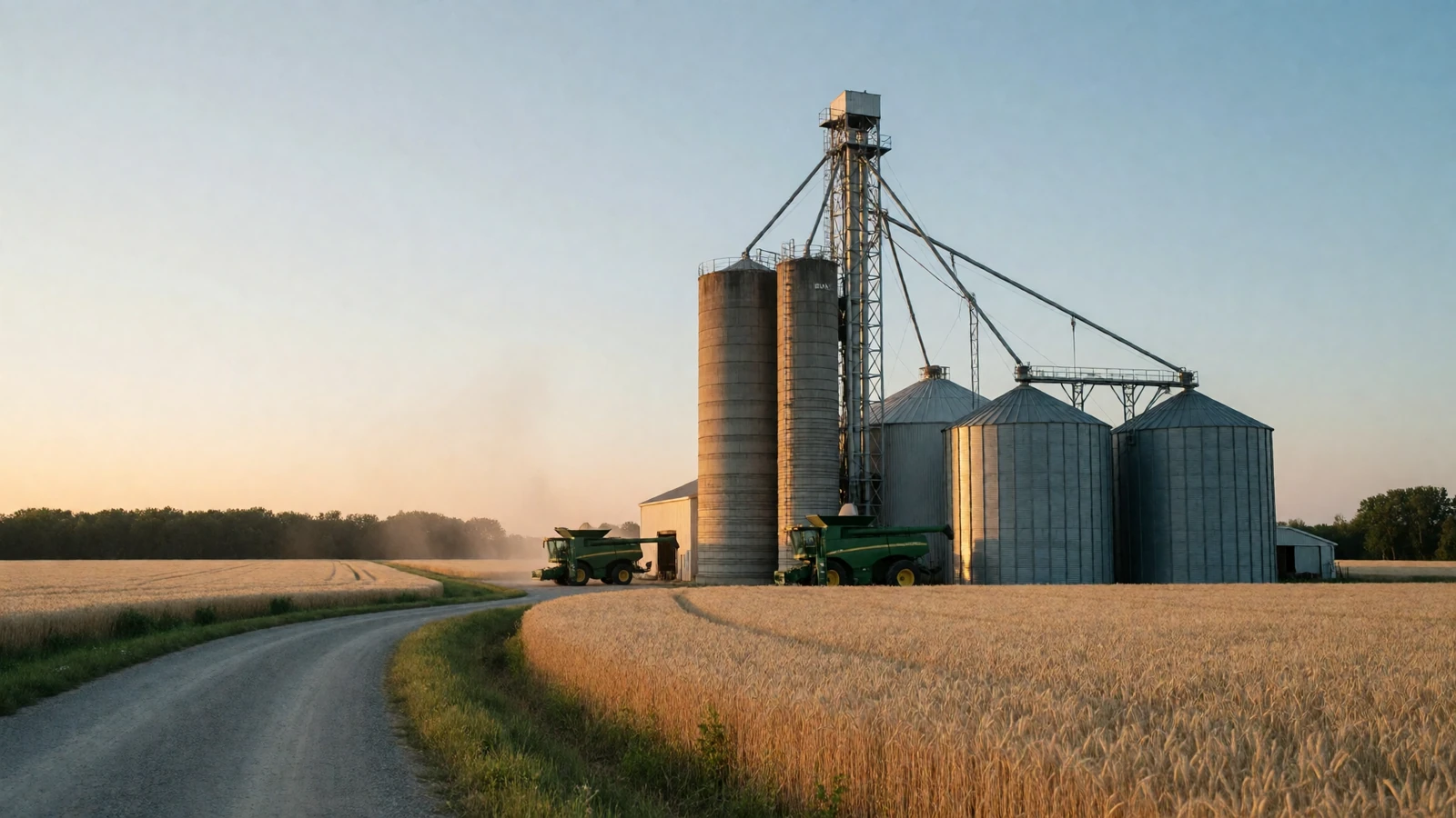 Large industrial farm with grain silos and equipment at sunset for industrial farmers dating