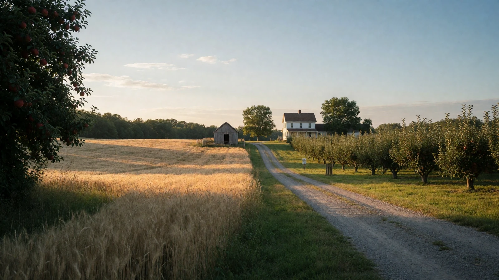 Golden hour rural homestead with orchard and farmhouse for jewish farmers dating