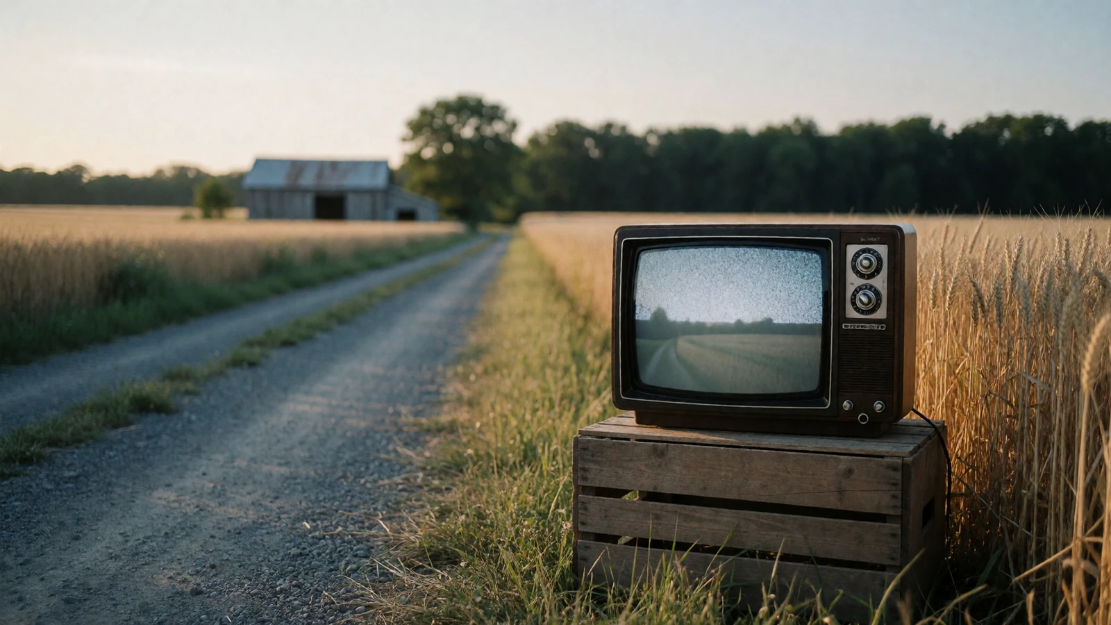 Vintage television set beside a farm lane and wheat field for a Farmer Wants a Wife show comparison