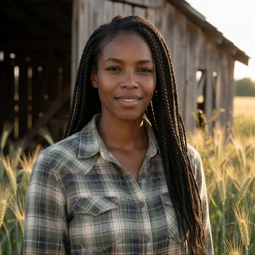 Simone, a 35-year-old black woman with box braids smiling beside a wooden barn