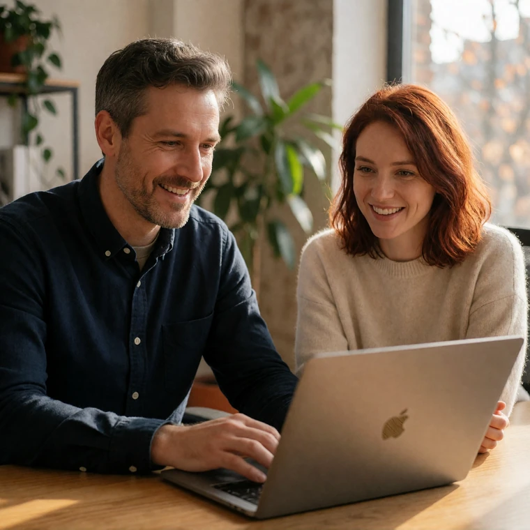 Two Farmers Connect trust-and-safety team members, a man and a woman, reviewing member profiles on a laptop in a warm office