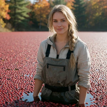 Hannah, a 31-year-old blonde woman standing in a flooded Wisconsin cranberry bog full of red berries