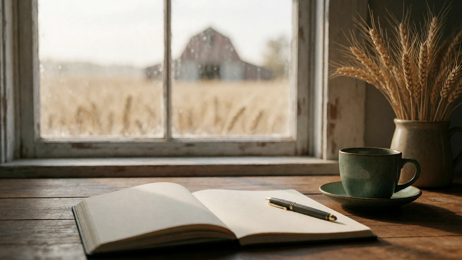 Wooden farmhouse desk with coffee and a pen, representing clear terms for a farmers dating service
