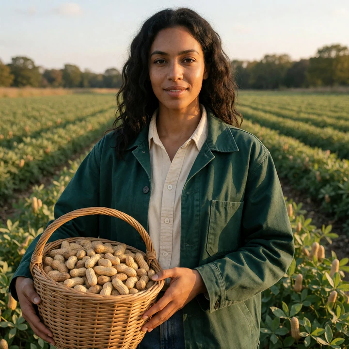 Maya, a 26-year-old Alabama woman holding peanuts in a farm field for a rural dating profile