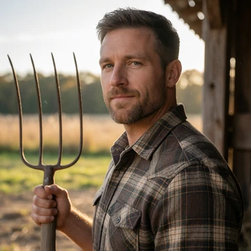 Wade, a 44-year-old Ohio man in a plaid flannel shirt holding a pitchfork in a barnyard