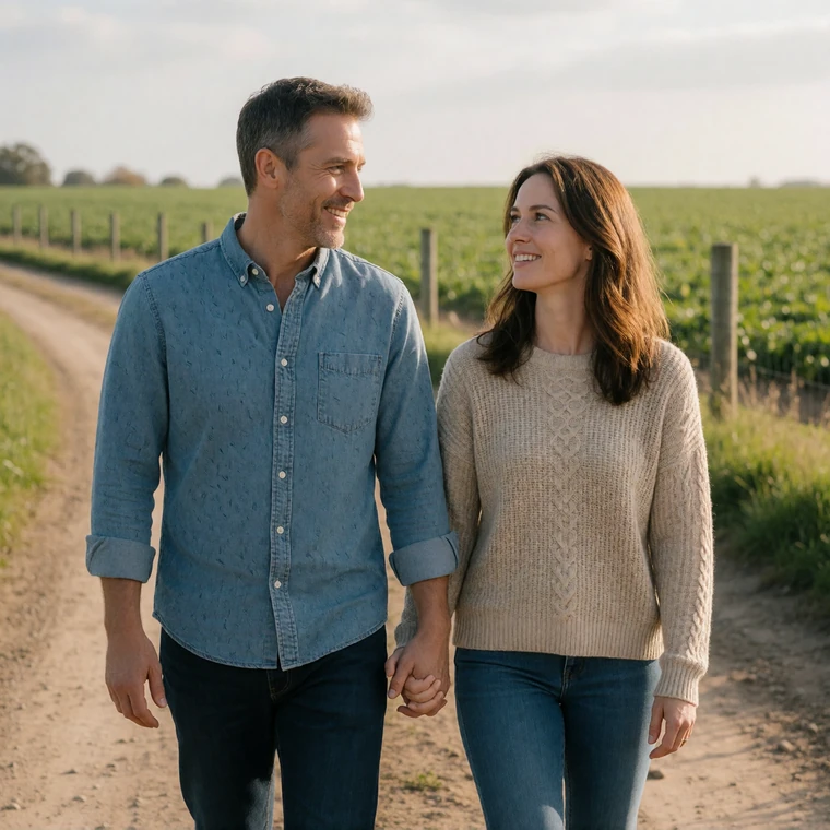 A mature couple walking hand in hand down a dirt farm road, showing warm rural connection on Farmers Connect