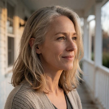 Deb, a 53-year-old Ohio woman smiling near a white farmhouse porch in golden light