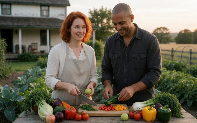 Farm couple cooking outdoors together in a country love story video preview