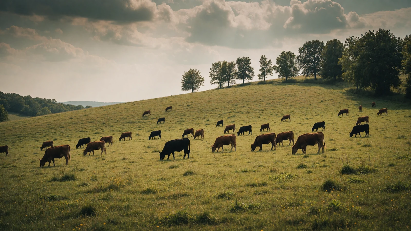 Rolling Ozark hills in Missouri with cattle grazing under a cloudy sky where Show-Me State rural dating begins