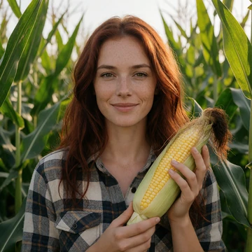 Hannah, a 31-year-old auburn-haired woman holding an ear of corn in an Iowa cornfield