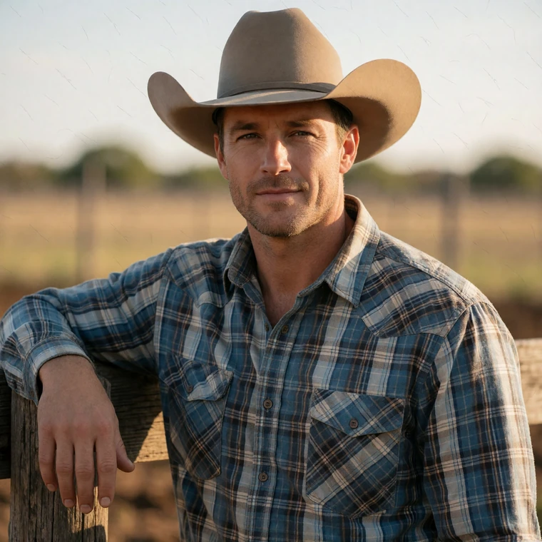 A 40-year-old Texas rancher in a tan cowboy hat leaning against a wooden fence in warm afternoon light