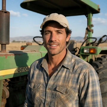 Diego, a 38-year-old man in a cap standing beside a tractor in a California field