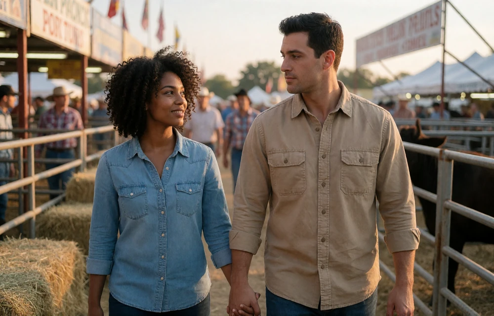 Adult country couple walking through a county fair livestock area during a summer rural date