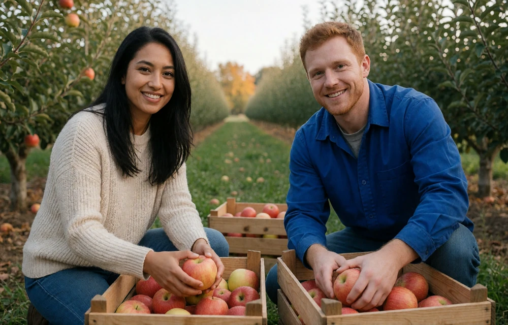 Adult rural couple picking apples in an orchard for an easy first country date