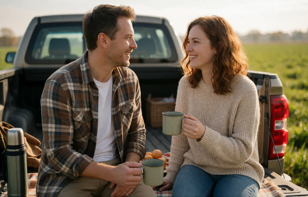 Adult farm couple walking hand in hand through a wheat field at golden hour for farmers dating success stories