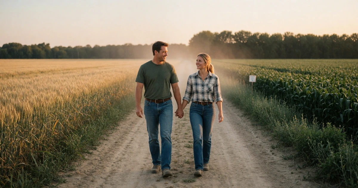 Farm couple walking hand in hand down a dirt road at sunset, a realistic view of life on a farm and relationships