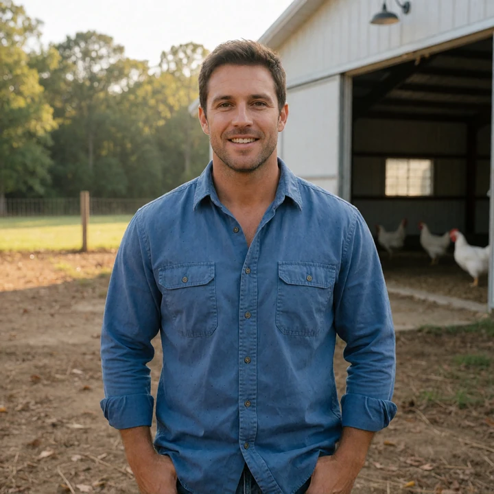 Darren, a 36-year-old Alabama man smiling beside a poultry barn for a farmers dating profile