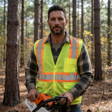 Travis, a 41-year-old Arkansas timber worker holding a chainsaw in the Ouachita pine forest
