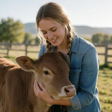Kayla, a 28-year-old Montana woman holding a young calf in a sunny ranch yard