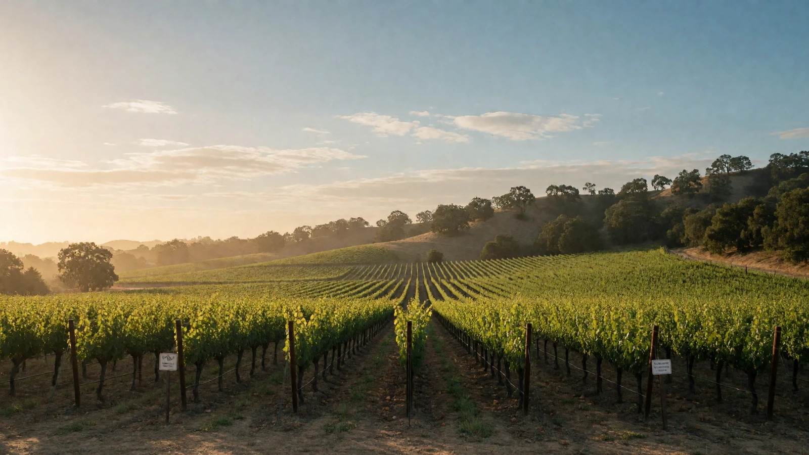 Sunlit California vineyard rows over rolling hills at golden hour where Golden State rural dating begins