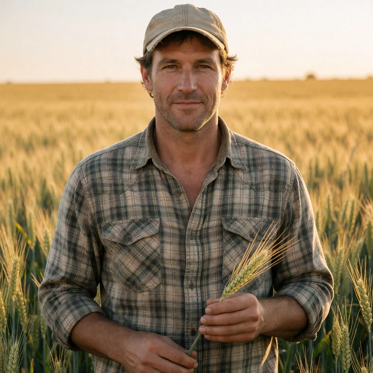 A 39-year-old Nebraska man in a cap holding a stalk of wheat in a golden grain field at golden hour