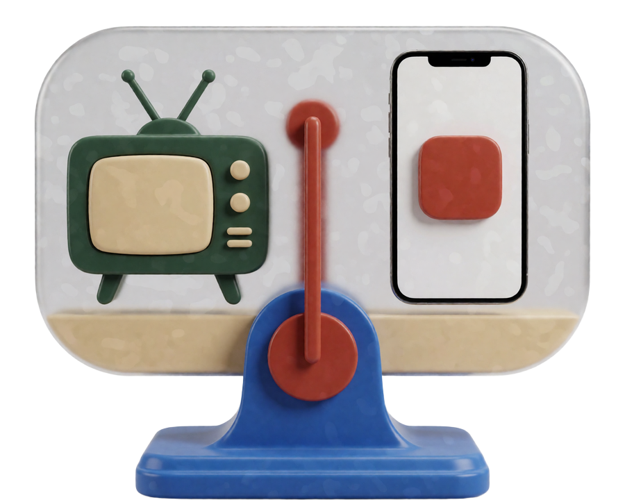 Scale graphic balancing a television and smartphone for online farmer dating efficiency