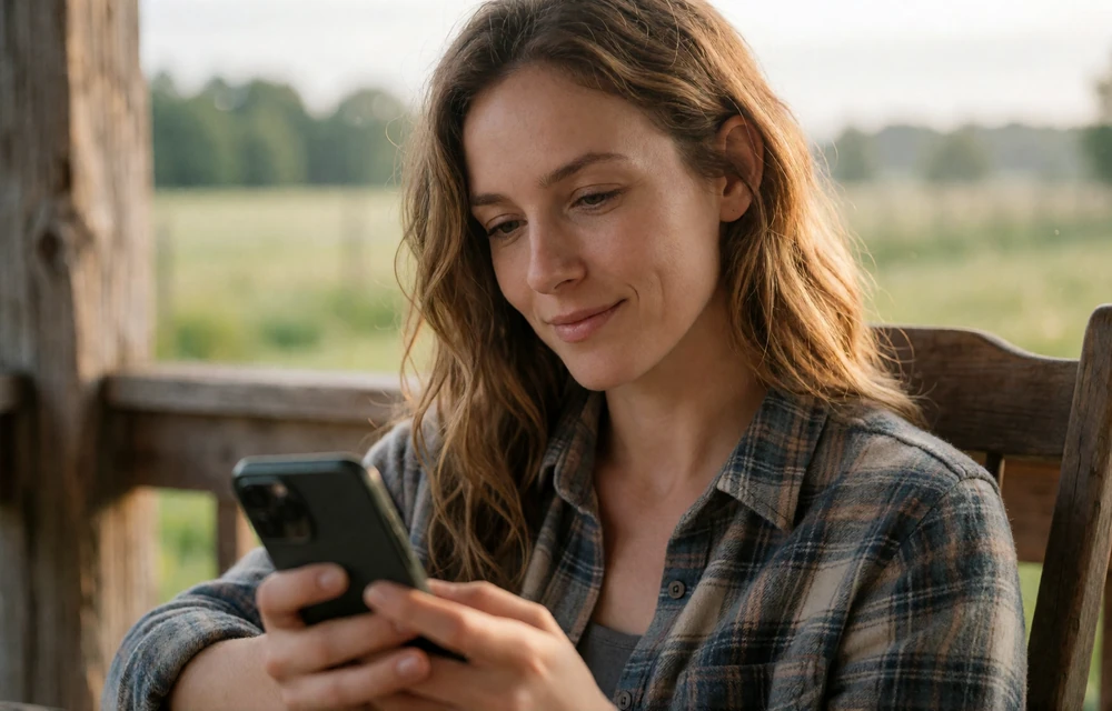 A woman smiling while reading a message on her phone on a farmhouse porch in warm morning light, showing how texting keeps distant couples close