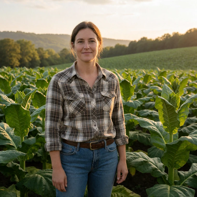 A Tennessee woman farmer in her 30s smiling in a green tobacco field at golden hour