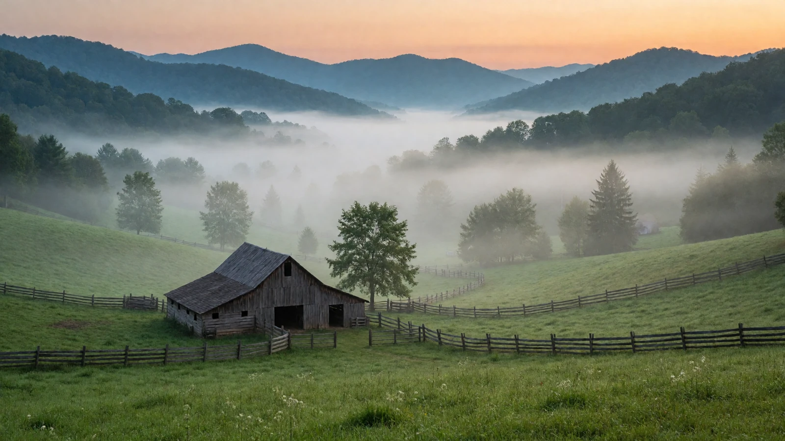 Misty Appalachian valley in Tennessee with a rustic barn and rolling hills where Volunteer State rural dating begins