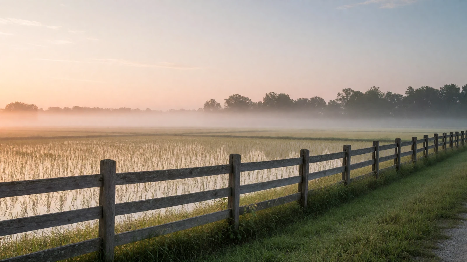 Misty morning over flooded Arkansas rice paddies with a weathered wooden fence where Natural State rural dating begins