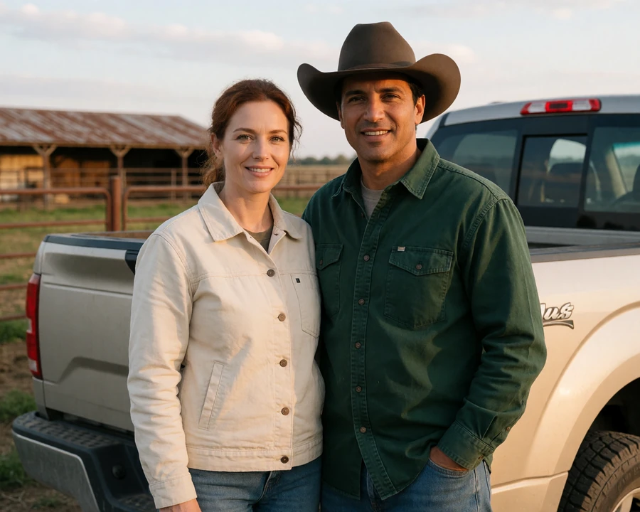 Adult ranch couple standing near a pickup truck on a rural ranch during golden hour
