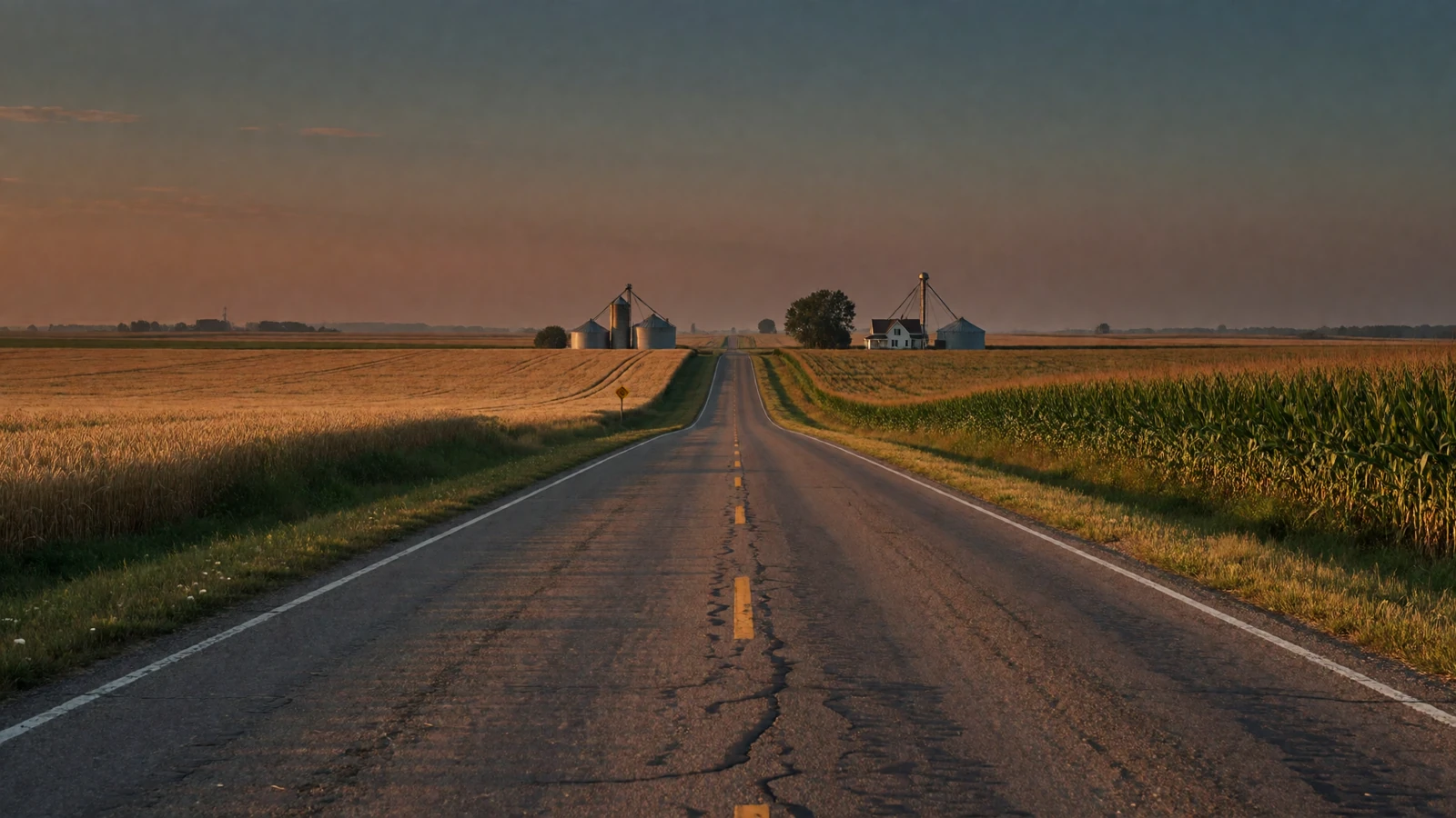 An empty country road stretching to the horizon through farmland at sunset, symbolizing the distance in rural long-distance relationships