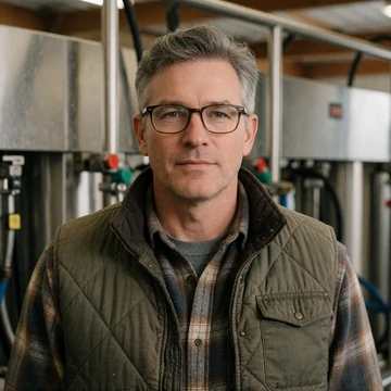Roger, a 48-year-old man with glasses standing near a milking parlor on a Wisconsin dairy farm