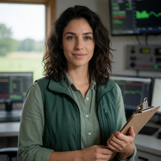 Elena, a 34-year-old woman in a farm control room for industrial farmers dating