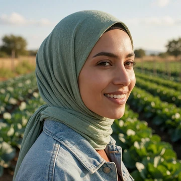 Noor, an adult woman in a sage green hijab and denim jacket smiling outdoors near rows of vegetables