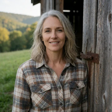 Darlene, a 53-year-old Tennessee woman smiling beside a weathered wooden barn on her cattle farm