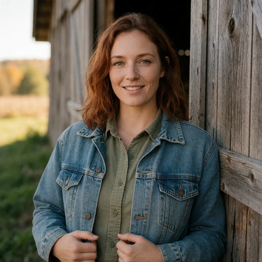 Mara, a 32-year-old West Virginia woman farmer standing near a tobacco barn for farmers dating