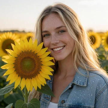 Hailey, a 26-year-old Kansas woman holding a sunflower in a sunflower field on her family farm