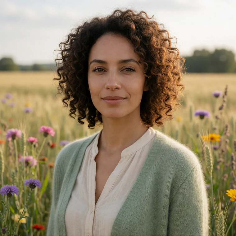 A 35-year-old woman with curly hair smiling in a field of wildflowers, representing a single profile shown across multiple niche communities