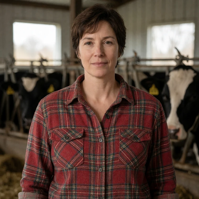 Minnesota woman dairy farmer in her 40s wearing a red flannel shirt standing inside her dairy barn