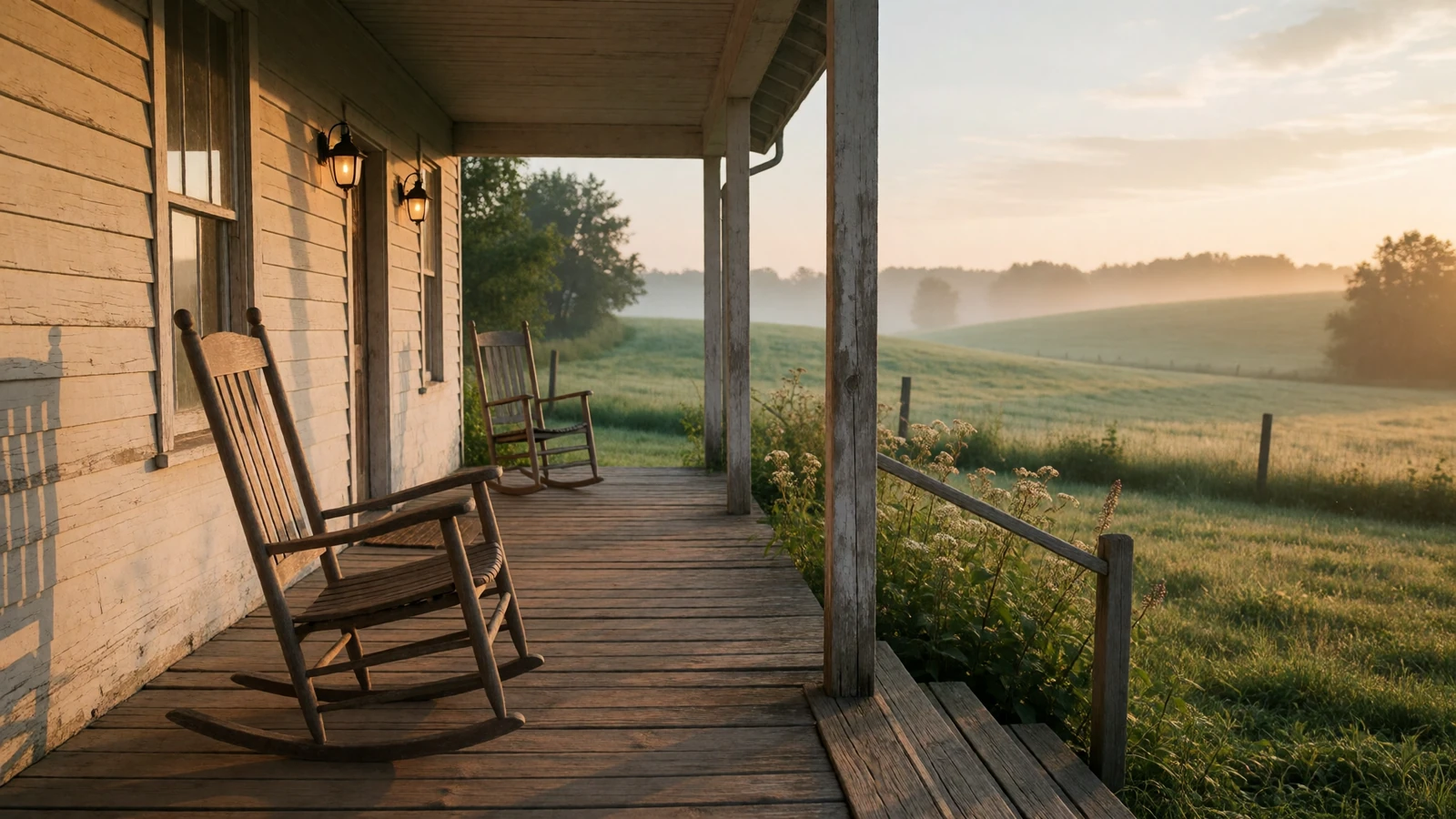 A quiet country porch with a wooden rocking chair overlooking rolling green fields at dawn, the welcoming setting for country lifestyle dating