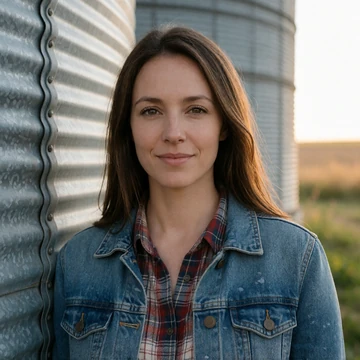 Hannah, a 33-year-old woman with brown hair standing near a grain silo on a Nebraska farm