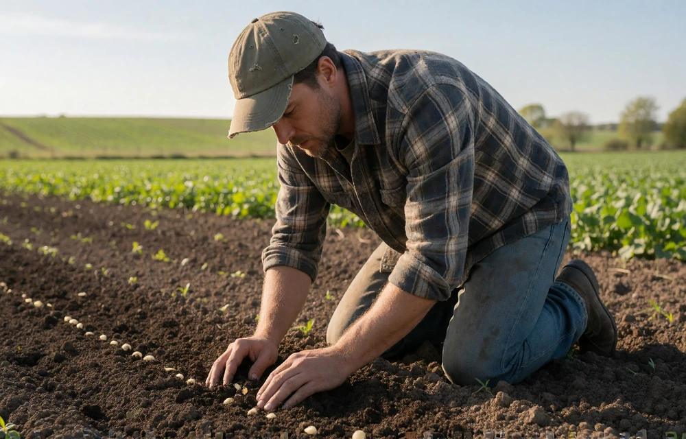 A man in a cap planting seeds in a freshly tilled field on a bright spring day during the busy planting season