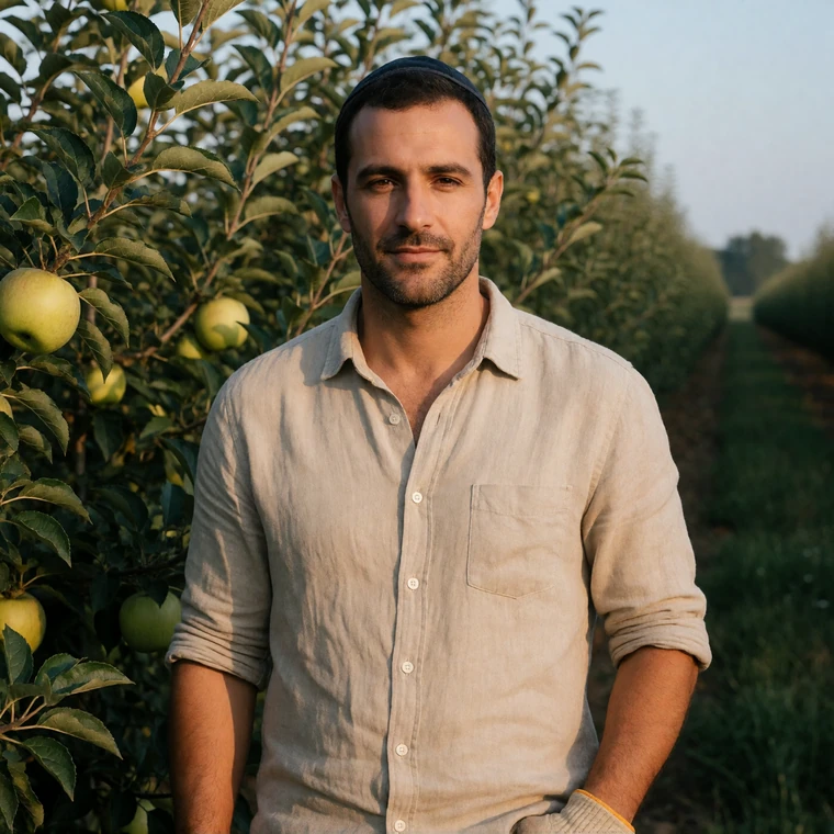 Jewish male farmer wearing a kippah standing beside apple trees in an orchard