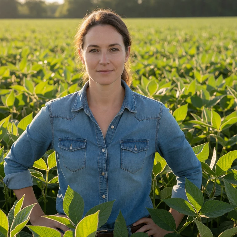 An Ohio woman farmer in her 30s in a denim shirt smiling in a vibrant green soybean field