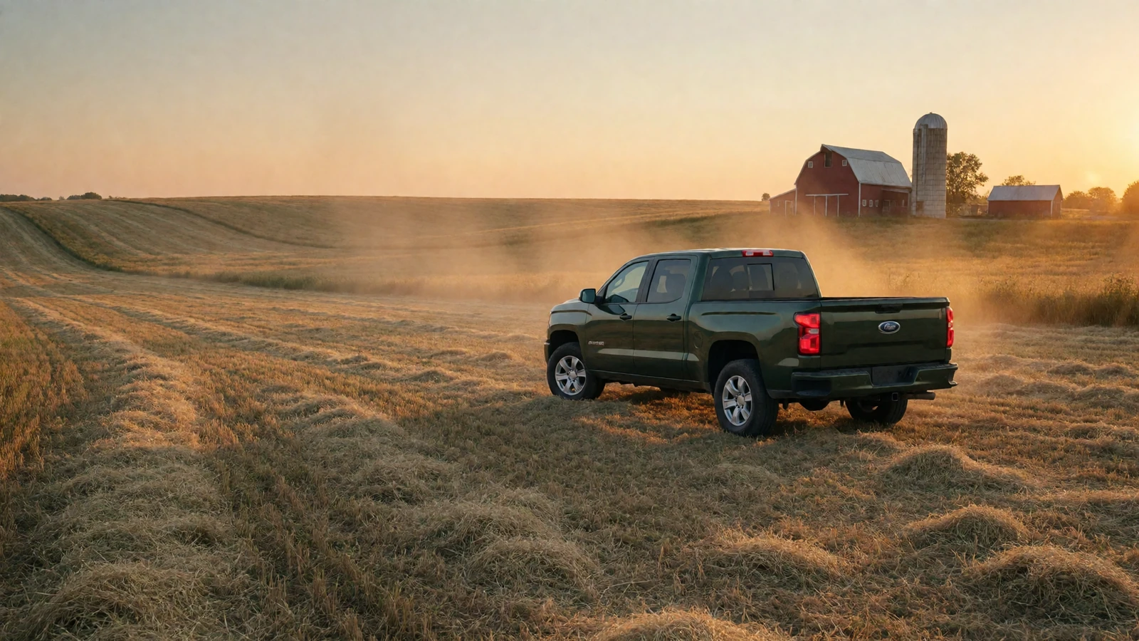 A pickup truck parked in an open field at golden hour, the quiet backdrop for a seasonal country date