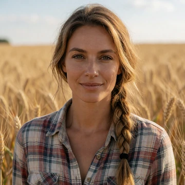 Delia, a 44-year-old Kansas woman in a plaid shirt smiling in a golden wheat field on her farm